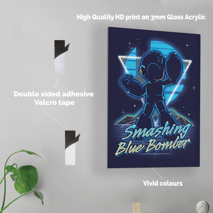 Retro Smashing Blue Bomber - Acrylic Wall Art Poster