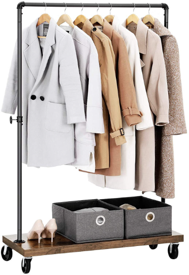Heavy-Duty Clothes Rack, Top Rail Holds up to 90 kg, Industrial Pipe Rolling Garment Rack with Shelf, Lockable Wheels, for Laundry Room
