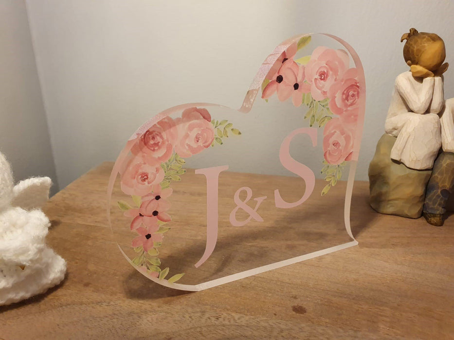 Perfect Gift, Personalised Initials Acrylic Heart - Pink Flowers