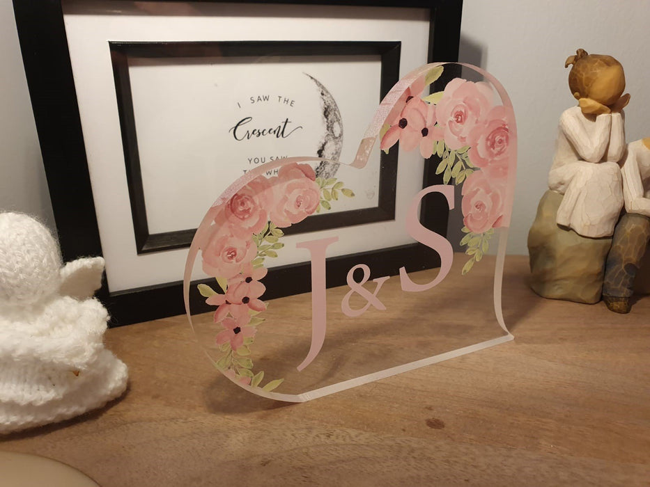 Perfect Gift, Personalised Initials Acrylic Heart - Pink Flowers
