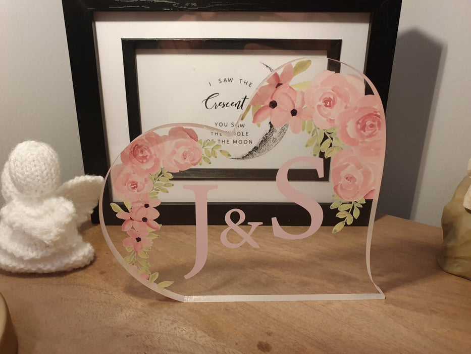 Perfect Gift, Personalised Initials Acrylic Heart - Pink Flowers