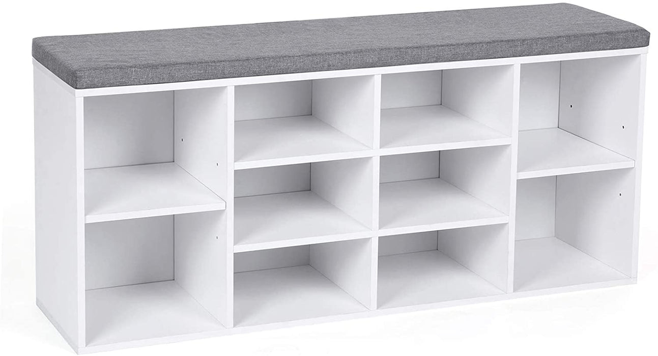 Shoe Bench with 10 Compartments, Storage Organiser with Cushion Seat and Shelf, for Entryway, Living Room, Hallway - White