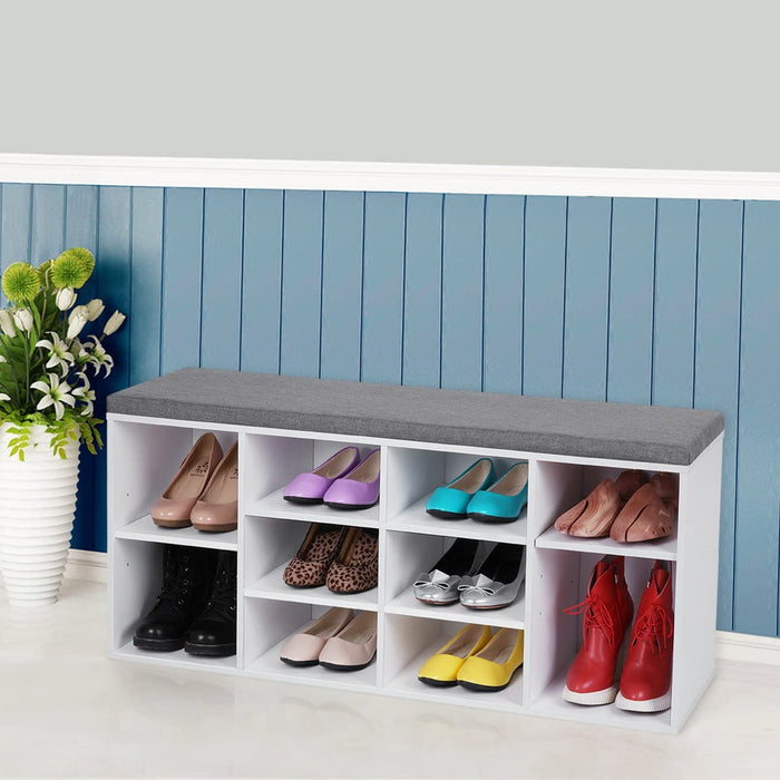 Shoe Bench with 10 Compartments, Storage Organiser with Cushion Seat and Shelf, for Entryway, Living Room, Hallway - White