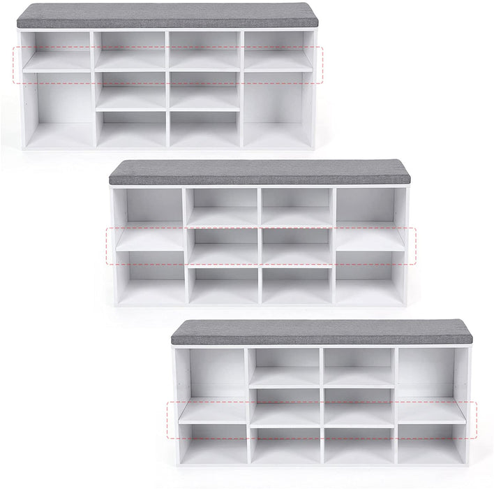 Shoe Bench with 10 Compartments, Storage Organiser with Cushion Seat and Shelf, for Entryway, Living Room, Hallway - White