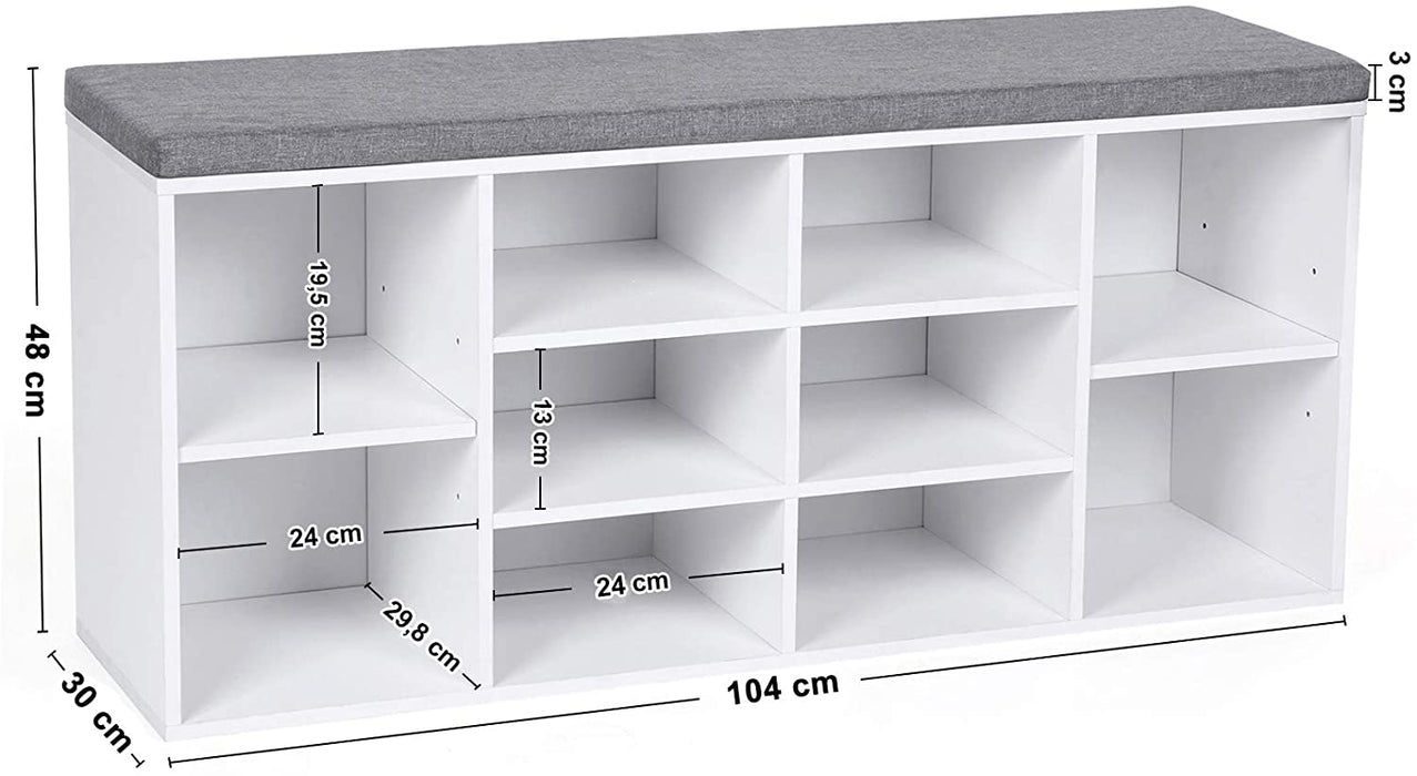 Shoe Bench with 10 Compartments, Storage Organiser with Cushion Seat and Shelf, for Entryway, Living Room, Hallway - White