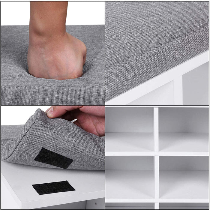 Shoe Bench with 10 Compartments, Storage Organiser with Cushion Seat and Shelf, for Entryway, Living Room, Hallway - White